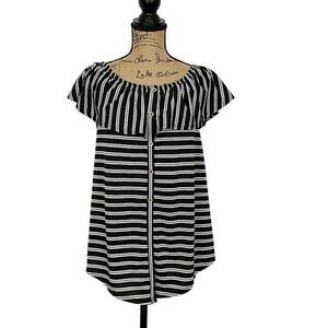 💥5/$25 White Birch S Top Black Stripes Short Sleeve Round Neck Button Pullover